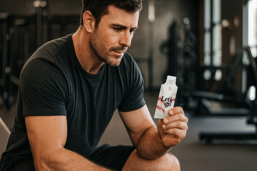 A man in a gym ready to workout looking at the label on a packet of Let's go BHB gel.